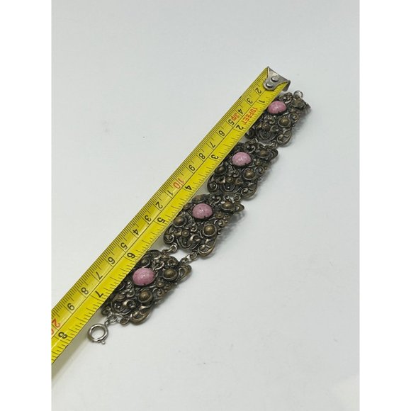 Vintage Filigree Bracelet Pink Glass Cabochons Panel Bracelet Brass Tone Metal - Picture 7 of 8